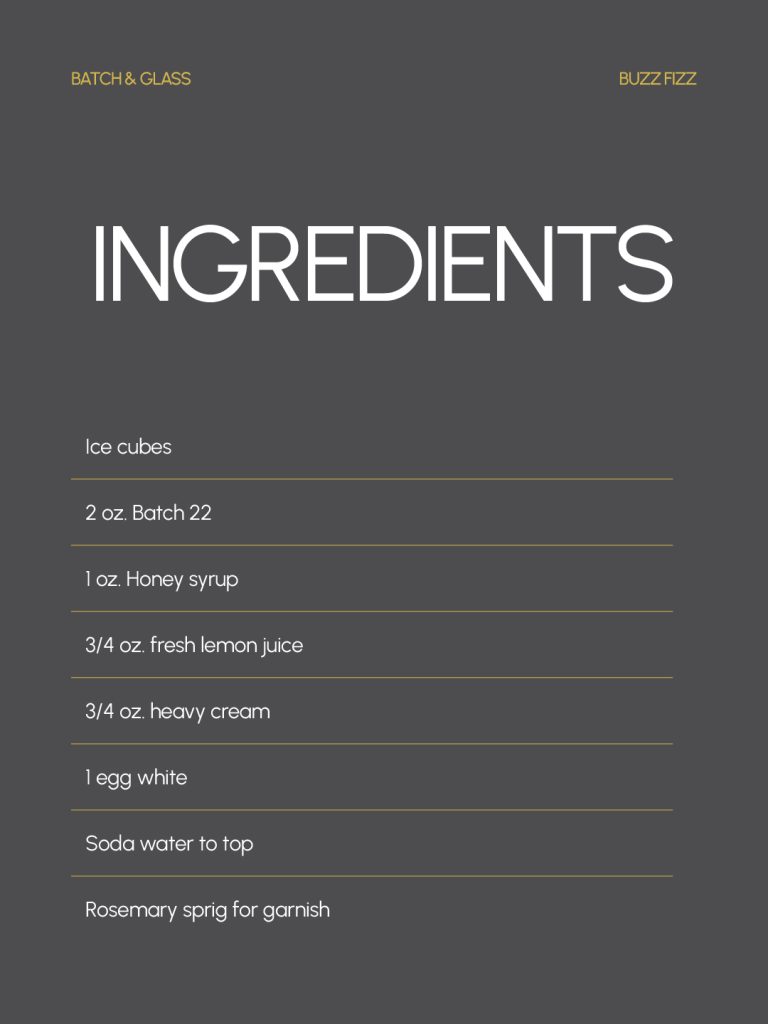 Buzz Fizz ingredients card with Batch 22, honey syrup, lemon juice, heavy cream, egg white, soda water and rosemary