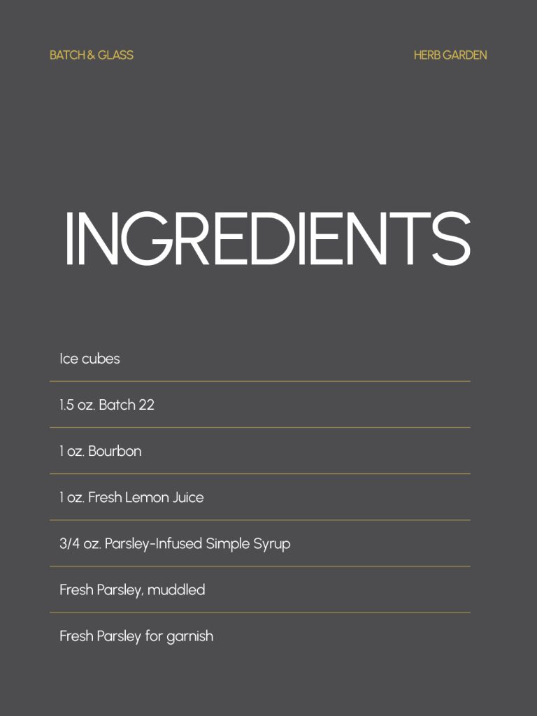 Herb Garden ingredients card with Batch 22, bourbon, lemon juice, parsley-infused simple syrup and fresh parsley
