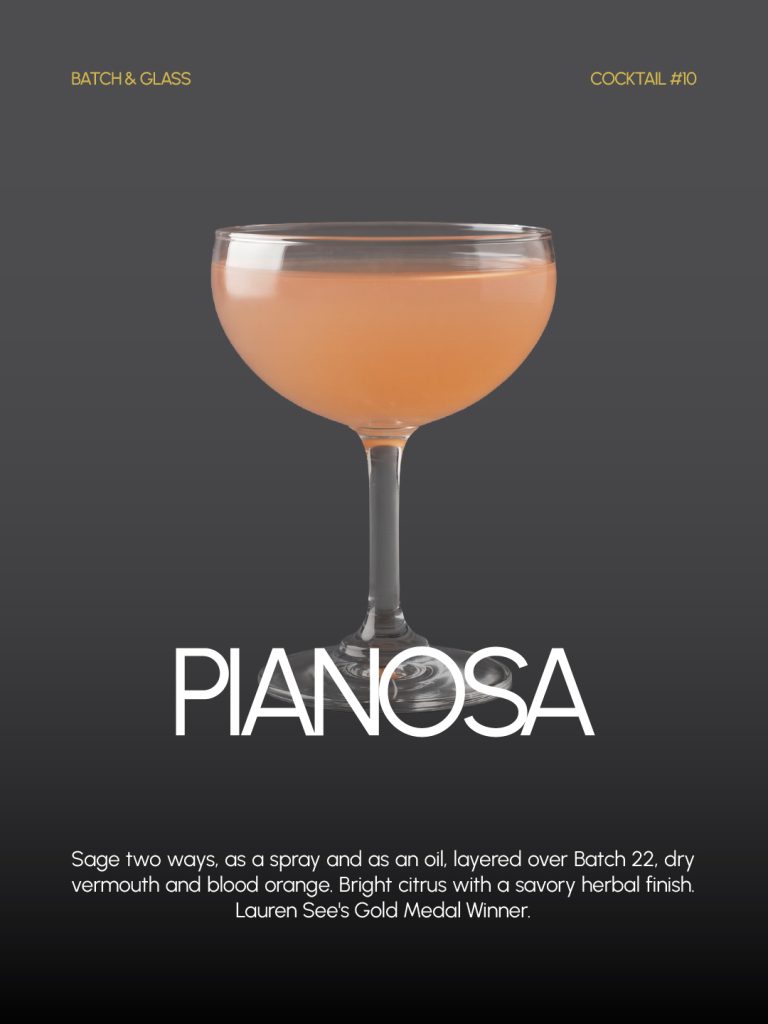 Pianosa cocktail in a coupe glass, the 1st place winner of the Batch 22 Cocktail Contest, created by Lauren See