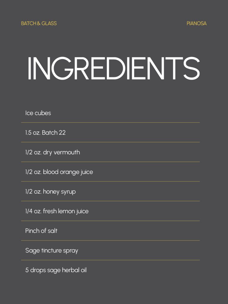 Pianosa ingredients card with Batch 22, dry vermouth, blood orange juice, honey syrup, lemon juice, salt, sage tincture and sage oil